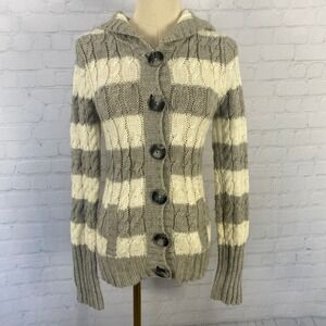 Y2K Aeropostale Wool Blend Chunky Knit Hooded Cardigan Sweater Gray Cream Small
